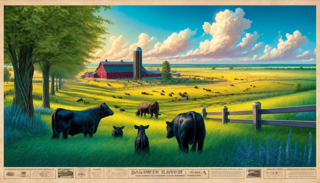 Baldwin Ranch - A vivid and detailed wide aspect illustration depicting Baldwin Ranch in Florida, a picturesque farm specializing in raising Black Angus cattle. The s (1)