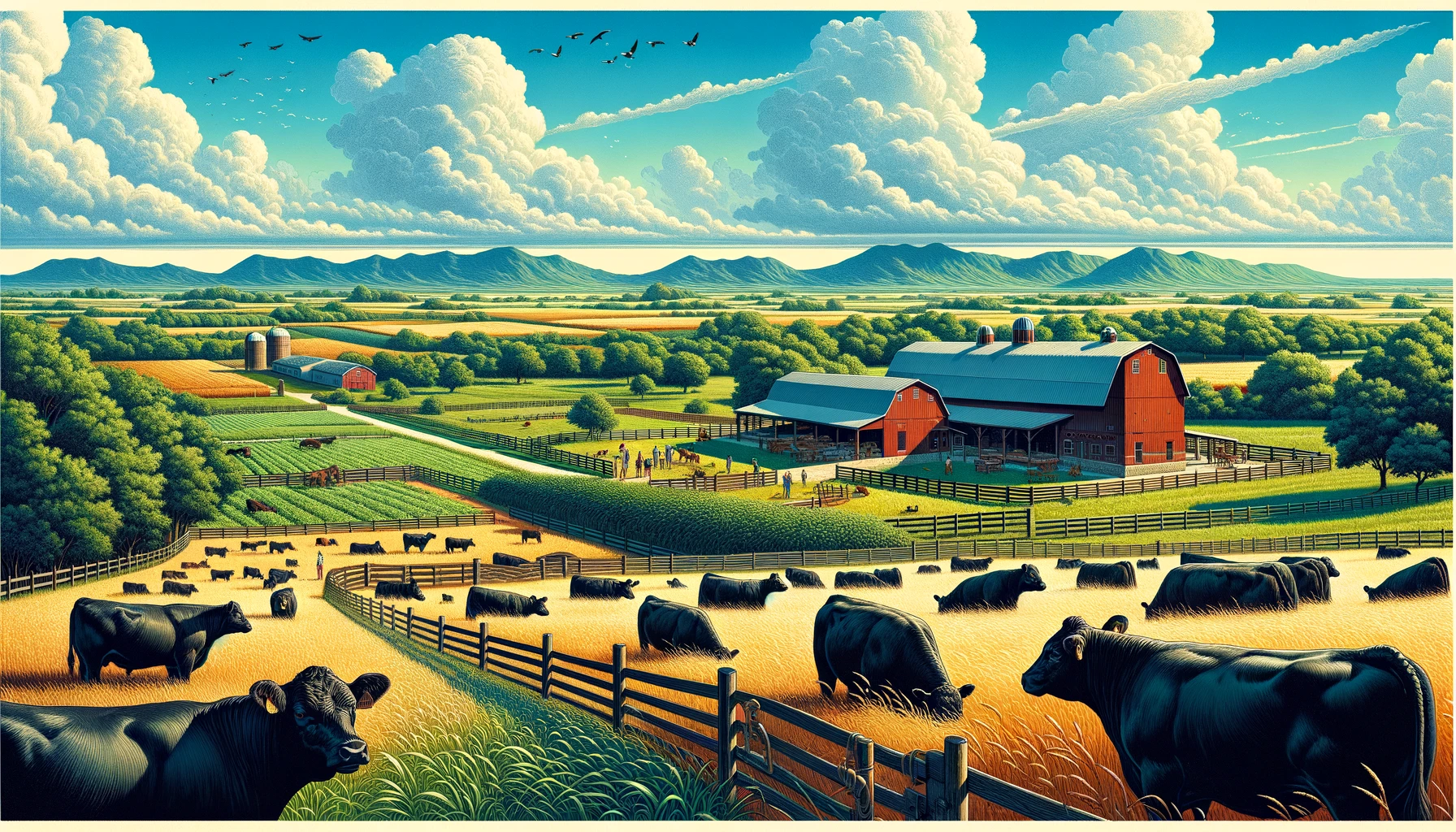 Baldwin Ranch - A vivid and detailed wide aspect illustration depicting Baldwin Ranch in Florida, a picturesque farm specializing in raising Black Angus cattle. The s (1)